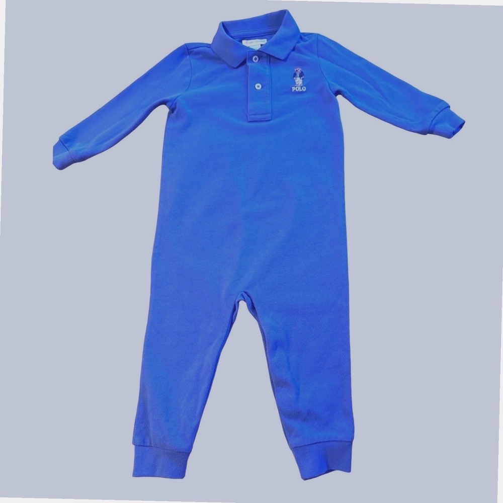 Ralph Lauren Polo Bear Blue Long Sleeve Coverall Romper Snaps 12M Baby Boy